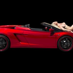 For the man who has everything,  a tasteful update, complete with gorgeous nude blonde as hood Ornament on a very hot red convertible late model Lamborghini, to the  classic  'Beauty And The Beast' poster